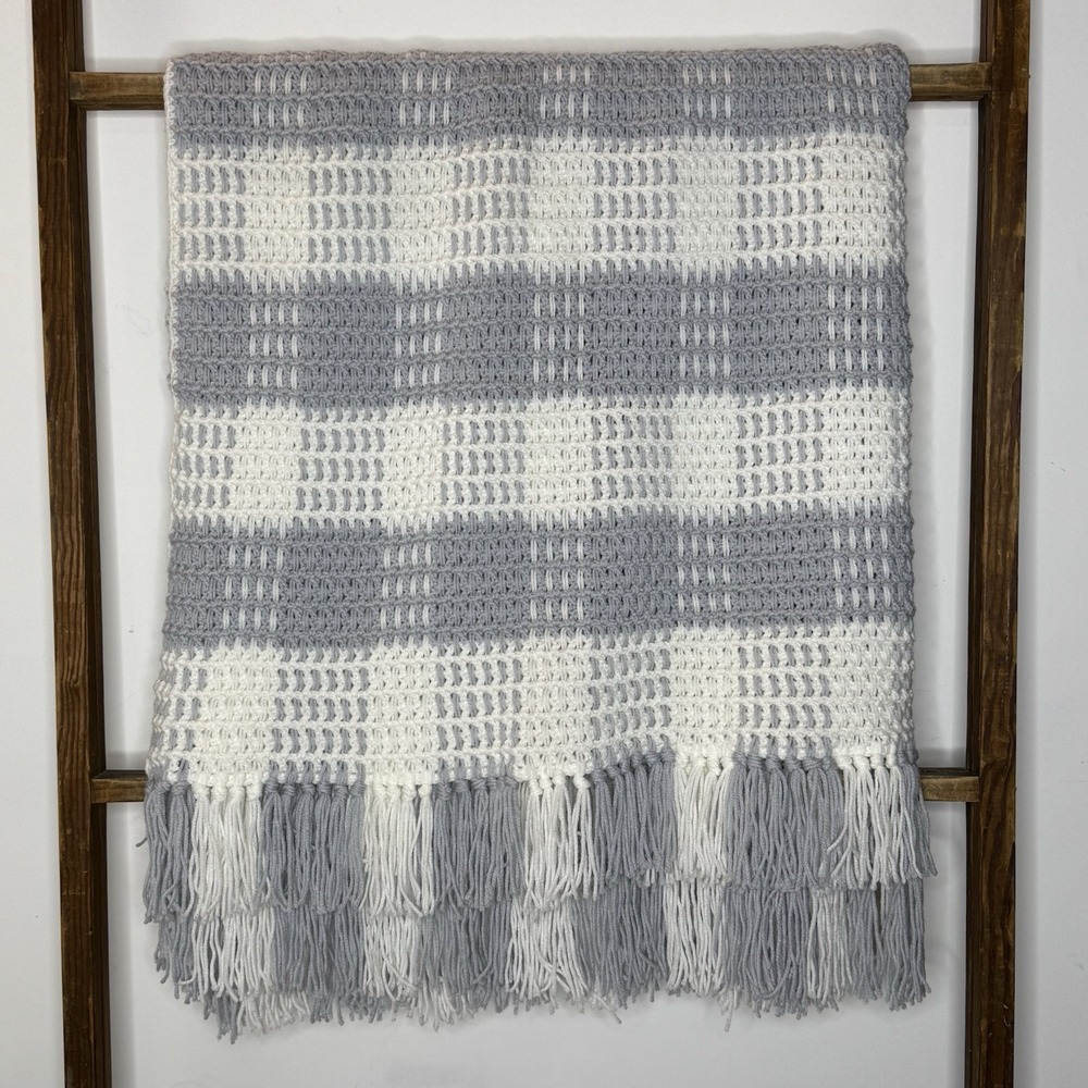 Vtg Handmade Crochet Afghan Blanket Gray White Woven Striped Plaid Fringe 60x60